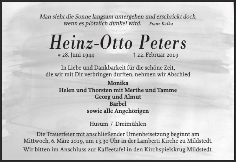  Traueranzeige für Heinz-Otto Peters vom 27.02.2019 aus Husumer Nachrichten