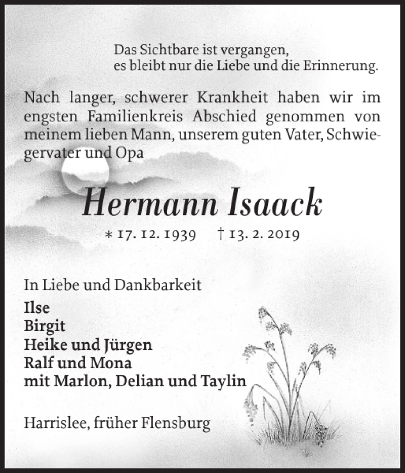  Traueranzeige für Hermann Isaack vom 23.02.2019 aus Flensburger Tageblatt