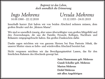 Traueranzeige von Ingo Mehrens Ursula Mehrens von Schlei-Bote