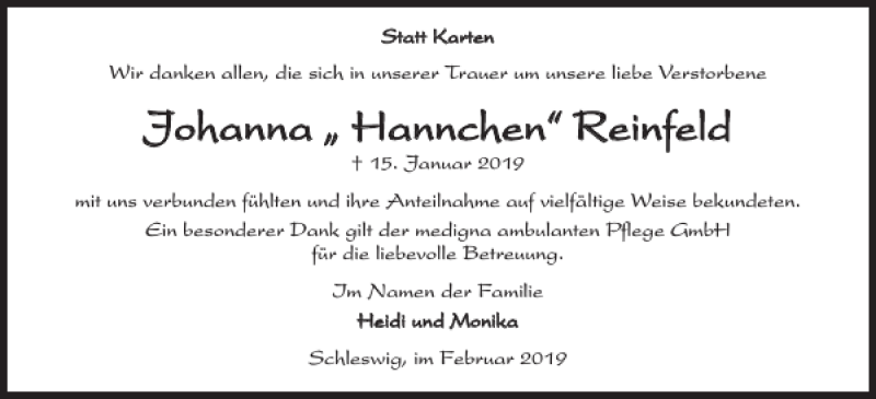 Traueranzeige für Johanna Reinfeld vom 08.02.2019 aus Schleswiger Nachrichten