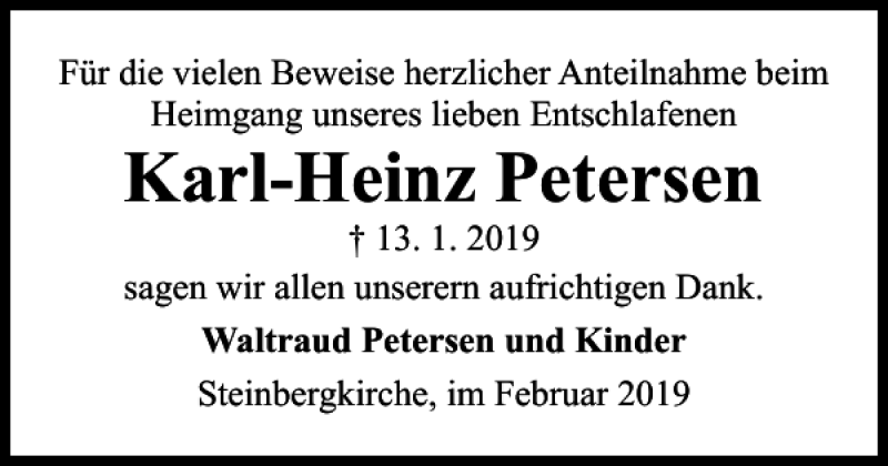  Traueranzeige für Karl-Heinz Petersen vom 09.02.2019 aus Flensburger Tageblatt
