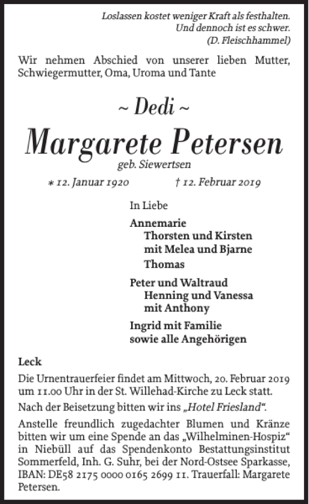  Traueranzeige für Margarete Petersen vom 16.02.2019 aus Nordfriesland Tageblatt