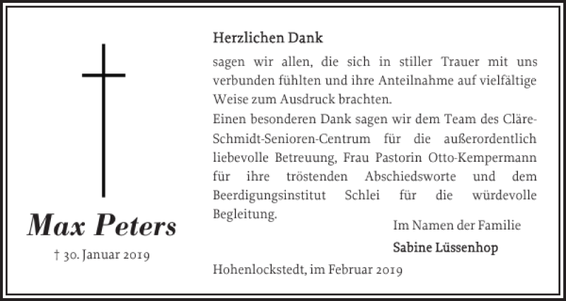  Traueranzeige für Max Peters vom 23.02.2019 aus Norddeutsche Rundschau