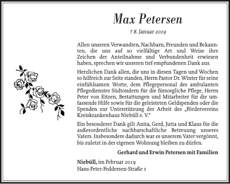  Traueranzeige für Max Petersen vom 20.02.2019 aus Husumer Nachrichten