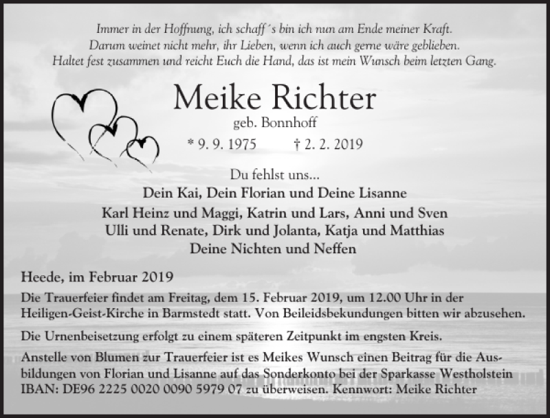  Traueranzeige für Meike Richter vom 09.02.2019 aus Elmshorner Nachrichten