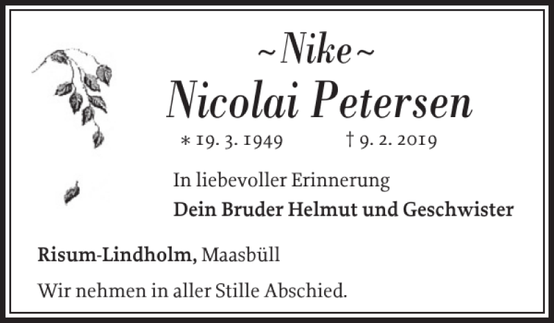  Traueranzeige für Nicolai Petersen vom 12.02.2019 aus Nordfriesland Tageblatt