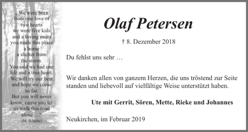  Traueranzeige für Olaf Petersen vom 16.02.2019 aus Flensburger Tageblatt