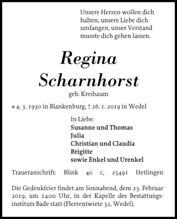 Traueranzeige von Regina Scharnhorst von Wedel-Schulauer Tageblatt