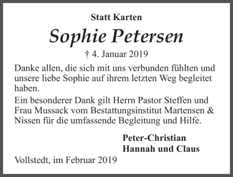 Traueranzeige für Sophie Petersen vom 16.02.2019 aus Husumer Nachrichten