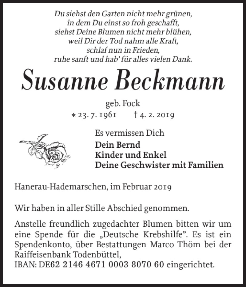  Traueranzeige für Susanne Beckmann vom 08.02.2019 aus Landeszeitung