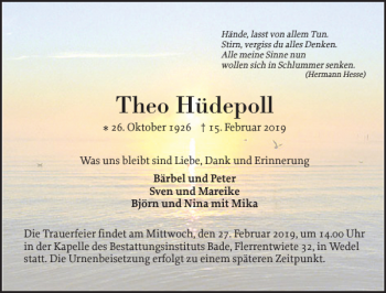 Traueranzeige von Theo Hüdepoll von Wedel-Schulauer Tageblatt