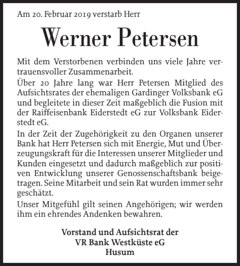  Traueranzeige für Werner Petersen vom 28.02.2019 aus Husumer Nachrichten