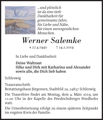 Traueranzeige von Werner Salemke von Schleswiger Nachrichten