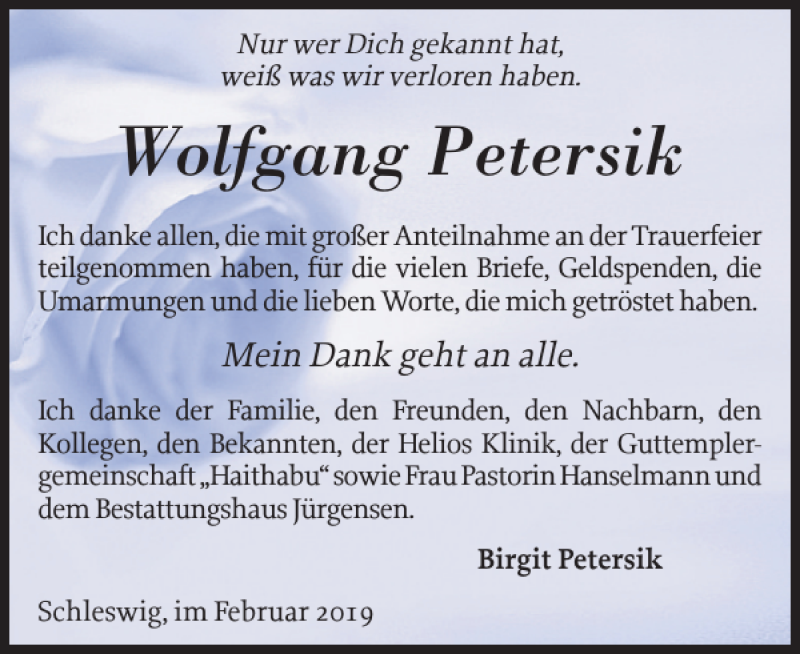 Traueranzeige für Wolfgang Petersik vom 09.02.2019 aus Schleswiger Nachrichten