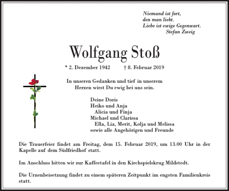 Traueranzeige für Wolfgang Stoß vom 12.02.2019 aus Husumer Nachrichten