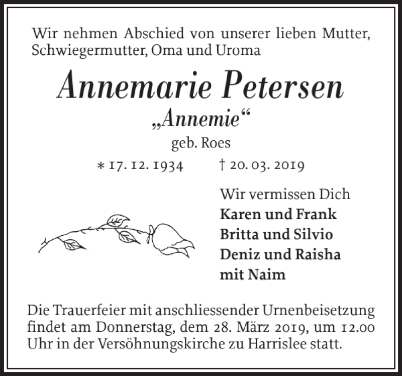  Traueranzeige für Annemarie Petersen vom 23.03.2019 aus Flensburger Tageblatt