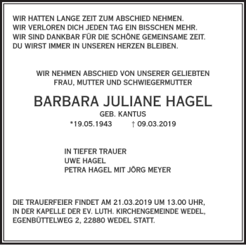 Traueranzeige von BARBARA JULIANE HAGEL von Pinneberger Tageblatt