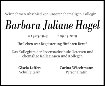 Traueranzeige von Barbara Juliane Hagel von Uetersener Nachrichten