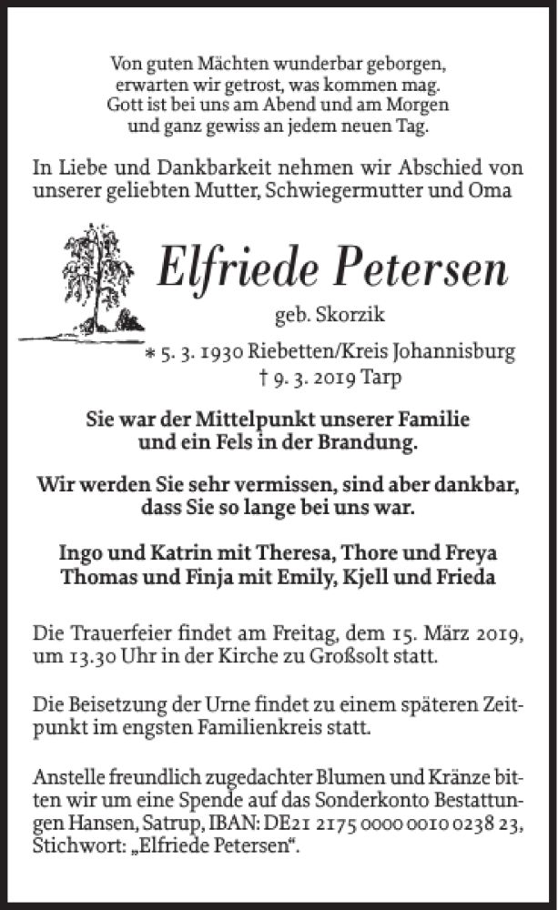  Traueranzeige für Elfriede Petersen vom 13.03.2019 aus Flensburger Tageblatt