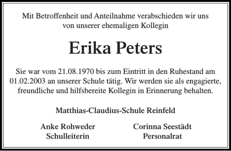  Traueranzeige für Erika Peters vom 27.03.2019 aus Stormarner Tageblatt