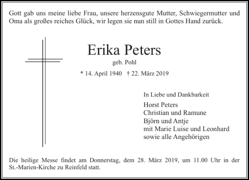  Traueranzeige für Erika Peters vom 26.03.2019 aus Stormarner Tageblatt