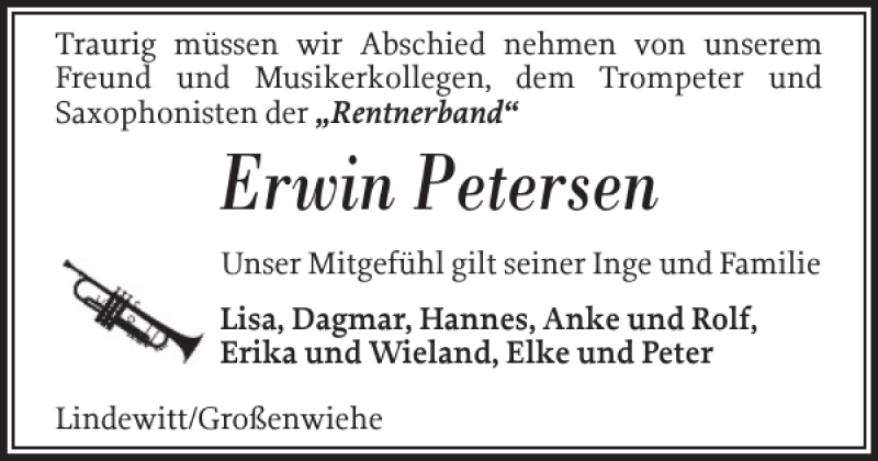  Traueranzeige für Erwin Petersen vom 21.03.2019 aus Flensburger Tageblatt