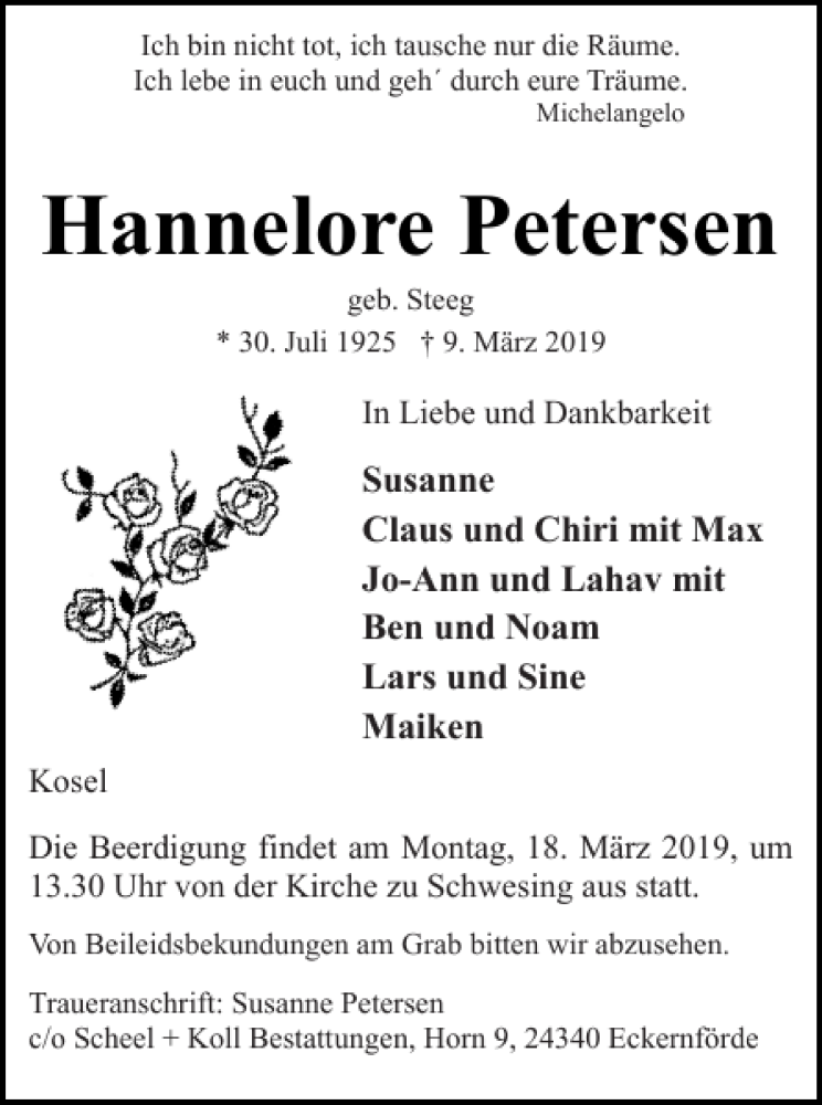  Traueranzeige für Hannelore Petersen vom 14.03.2019 aus Eckernförder Zeitung