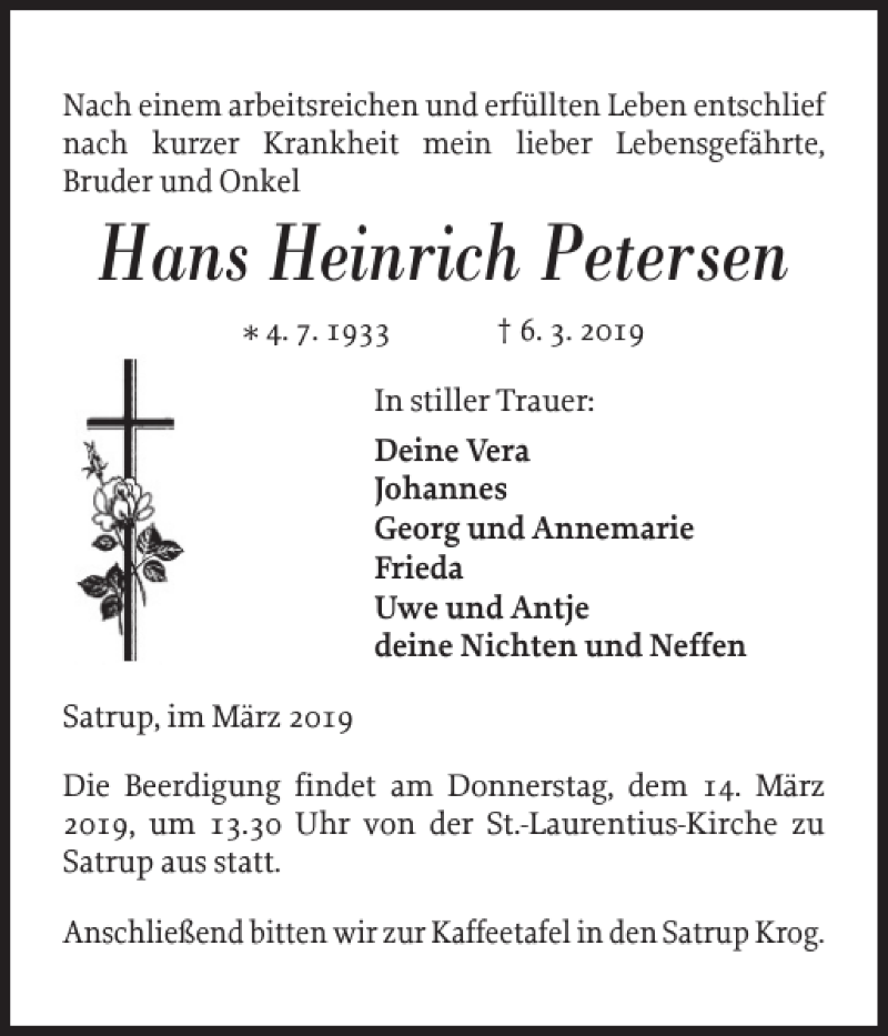 Traueranzeige für Hans Heinrich Petersen vom 09.03.2019 aus Flensburger Tageblatt