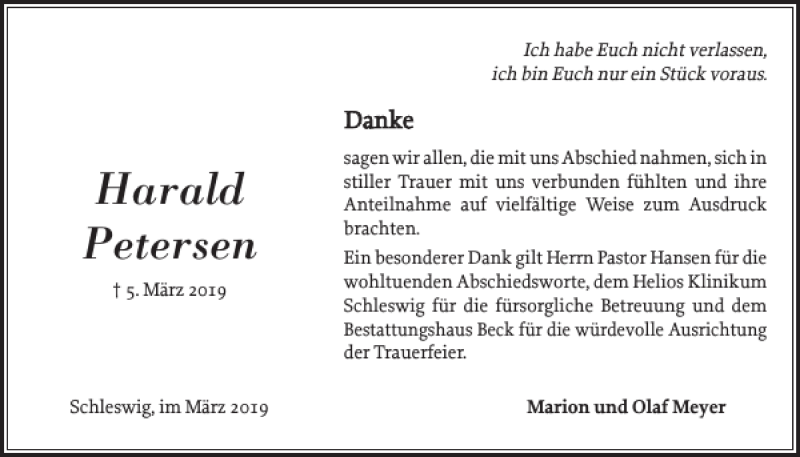  Traueranzeige für Harald Petersen vom 30.03.2019 aus Schleswiger Nachrichten