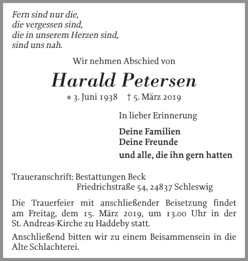  Traueranzeige für Harald Petersen vom 09.03.2019 aus Schleswiger Nachrichten