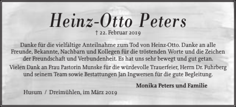  Traueranzeige für Heinz-Otto Peters vom 30.03.2019 aus Husumer Nachrichten