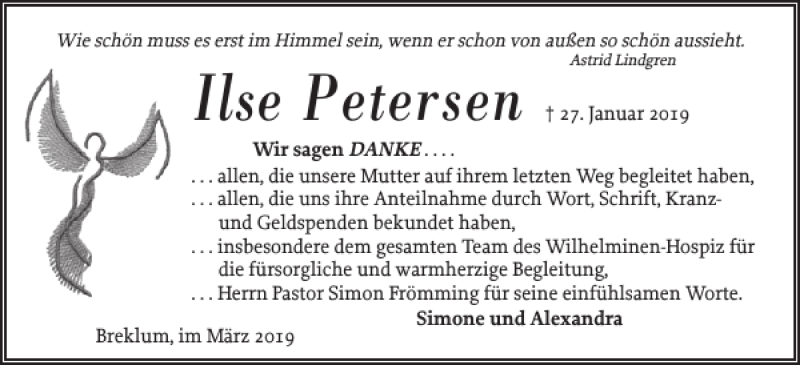  Traueranzeige für Ilse Petersen vom 01.03.2019 aus Husumer Nachrichten