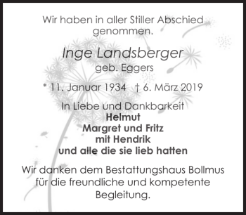 Traueranzeige von Inge Landsberger von Landeszeitung