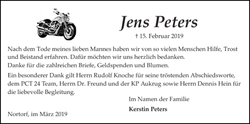  Traueranzeige für Jens Peters vom 16.03.2019 aus Landeszeitung
