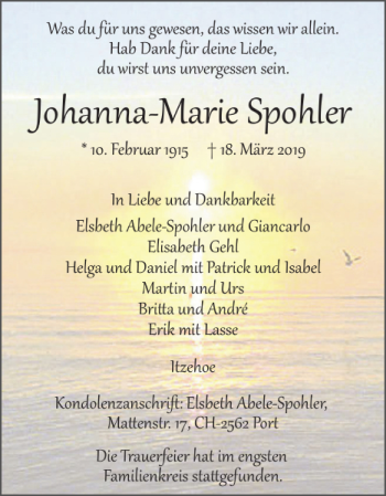 Traueranzeige von Johanna Marie Spohler von Norddeutsche Rundschau