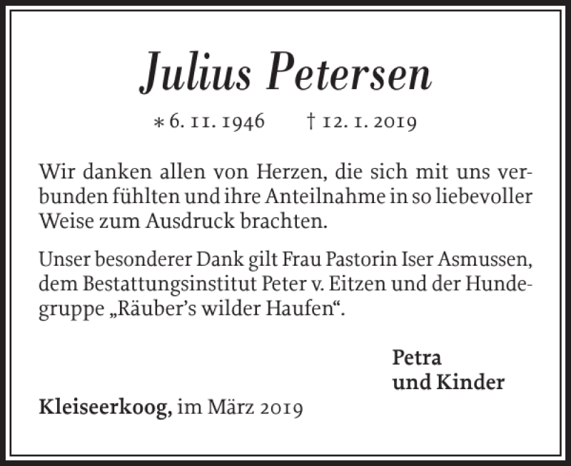  Traueranzeige für Julius Petersen vom 20.03.2019 aus Nordfriesland Tageblatt