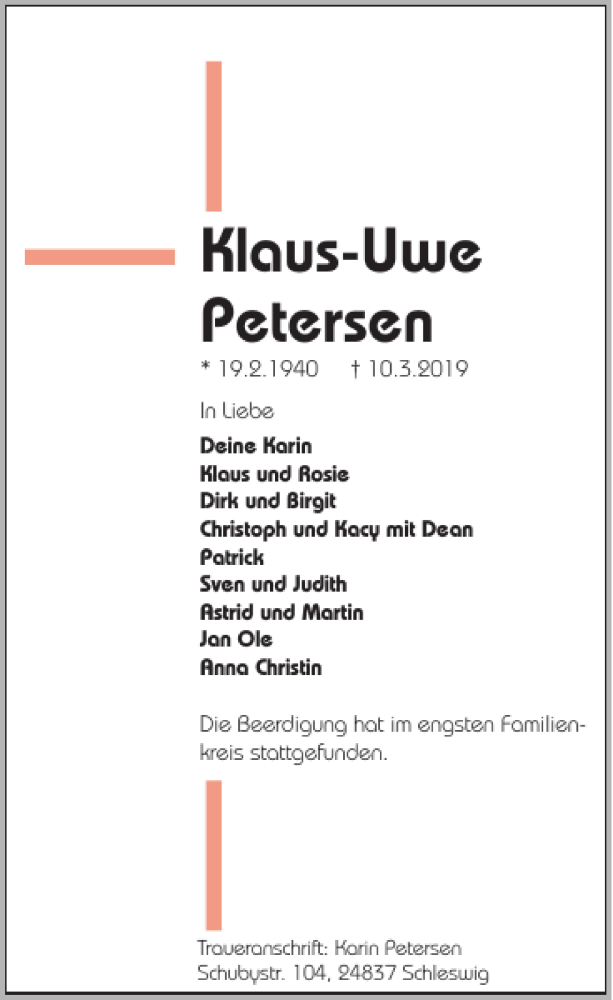  Traueranzeige für Klaus-Uwe Petersen vom 15.03.2019 aus Schleswiger Nachrichten