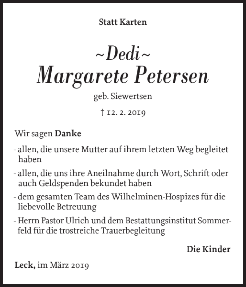  Traueranzeige für Margarete Petersen vom 16.03.2019 aus Nordfriesland Tageblatt