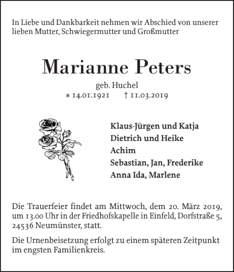  Traueranzeige für Marianne Peters vom 16.03.2019 aus Holsteinischer Courier