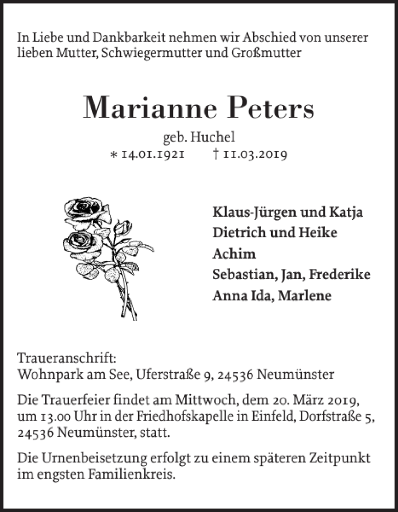  Traueranzeige für Marianne Peters vom 16.03.2019 aus Eckernförder Zeitung