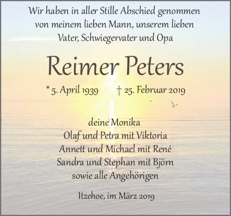  Traueranzeige für Reimer Peters vom 02.03.2019 aus Norddeutsche Rundschau