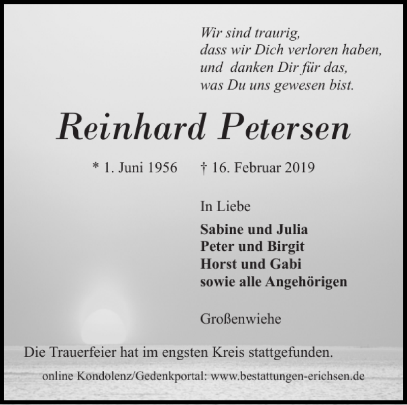  Traueranzeige für Reinhard Petersen vom 09.03.2019 aus Flensburger Tageblatt