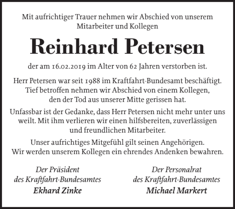  Traueranzeige für Reinhard Petersen vom 09.03.2019 aus Flensburger Tageblatt