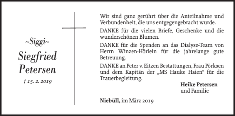  Traueranzeige für Siegfried Petersen vom 27.03.2019 aus Nordfriesland Tageblatt