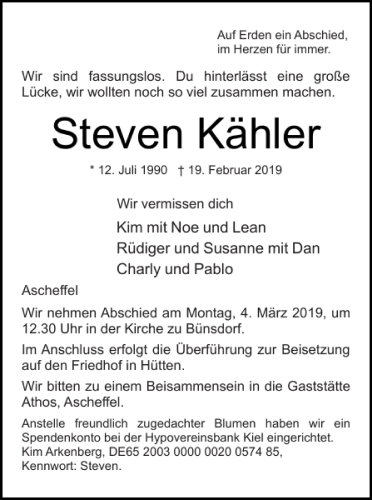  Traueranzeige für Steven Kähler vom 02.03.2019 aus Eckernförder Zeitung