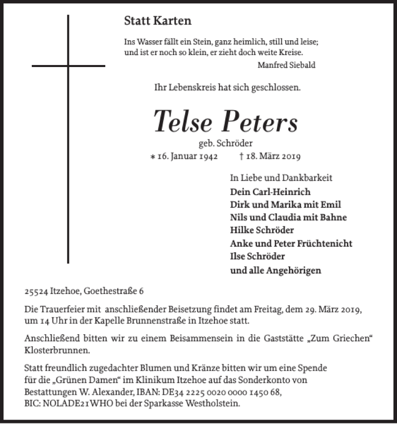  Traueranzeige für Telse Peters vom 23.03.2019 aus Norddeutsche Rundschau