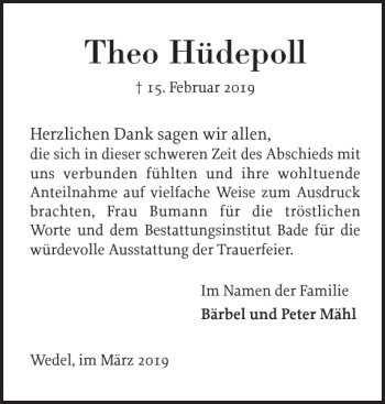 Traueranzeige von Theo Hüdepoll von Wedel-Schulauer Tageblatt