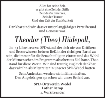 Traueranzeige von Theodor Theo Hüdepoll von Wedel-Schulauer Tageblatt