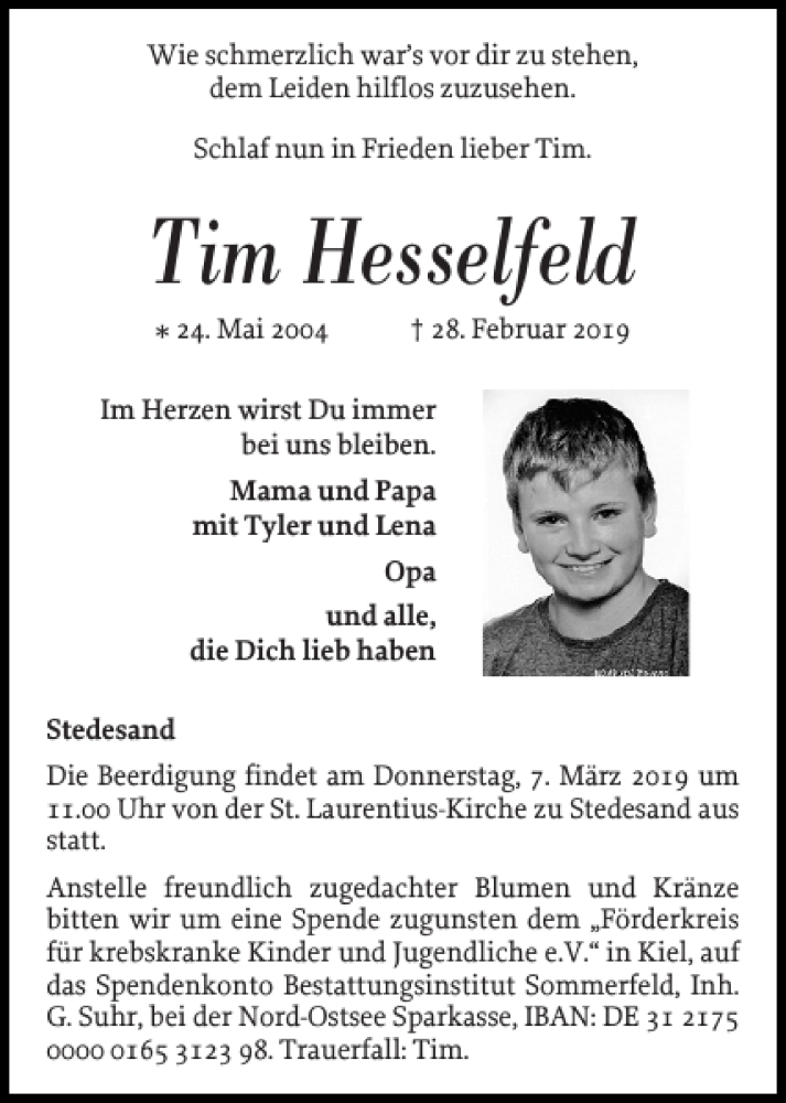  Traueranzeige für Tim Hesselfeld vom 04.03.2019 aus Nordfriesland Tageblatt