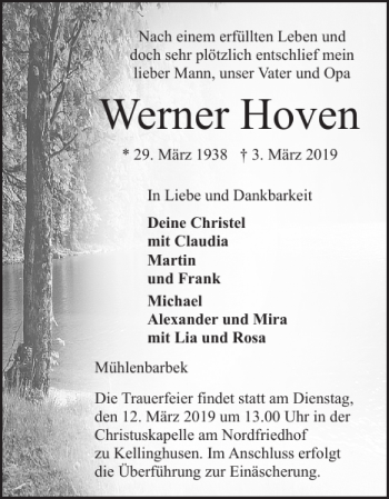 Traueranzeige von Werner Hoven von Norddeutsche Rundschau